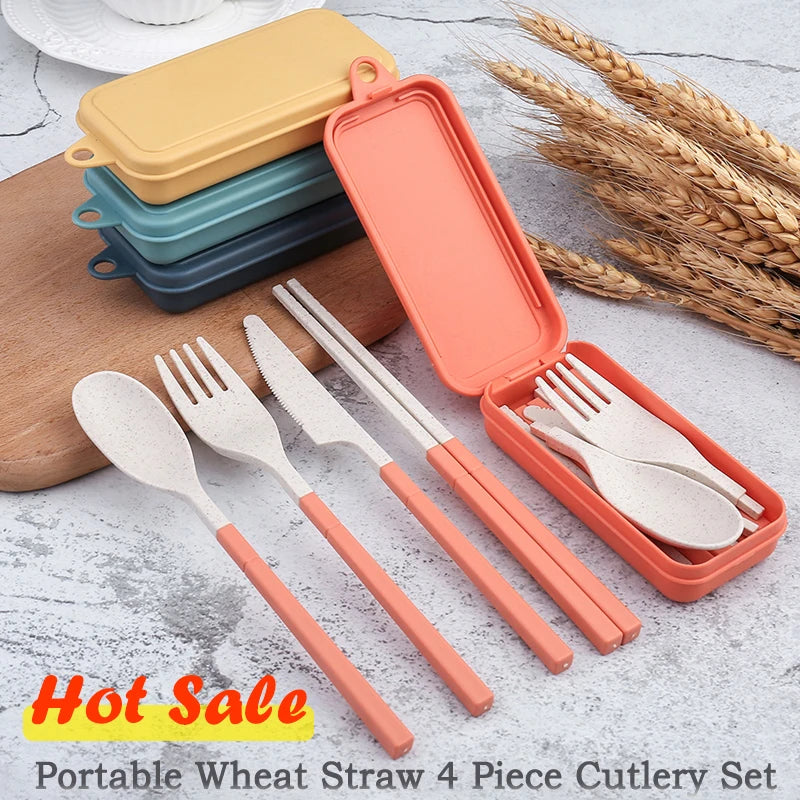4-Piece Portable Wheat Straw Tableware Set – Travel & Camping