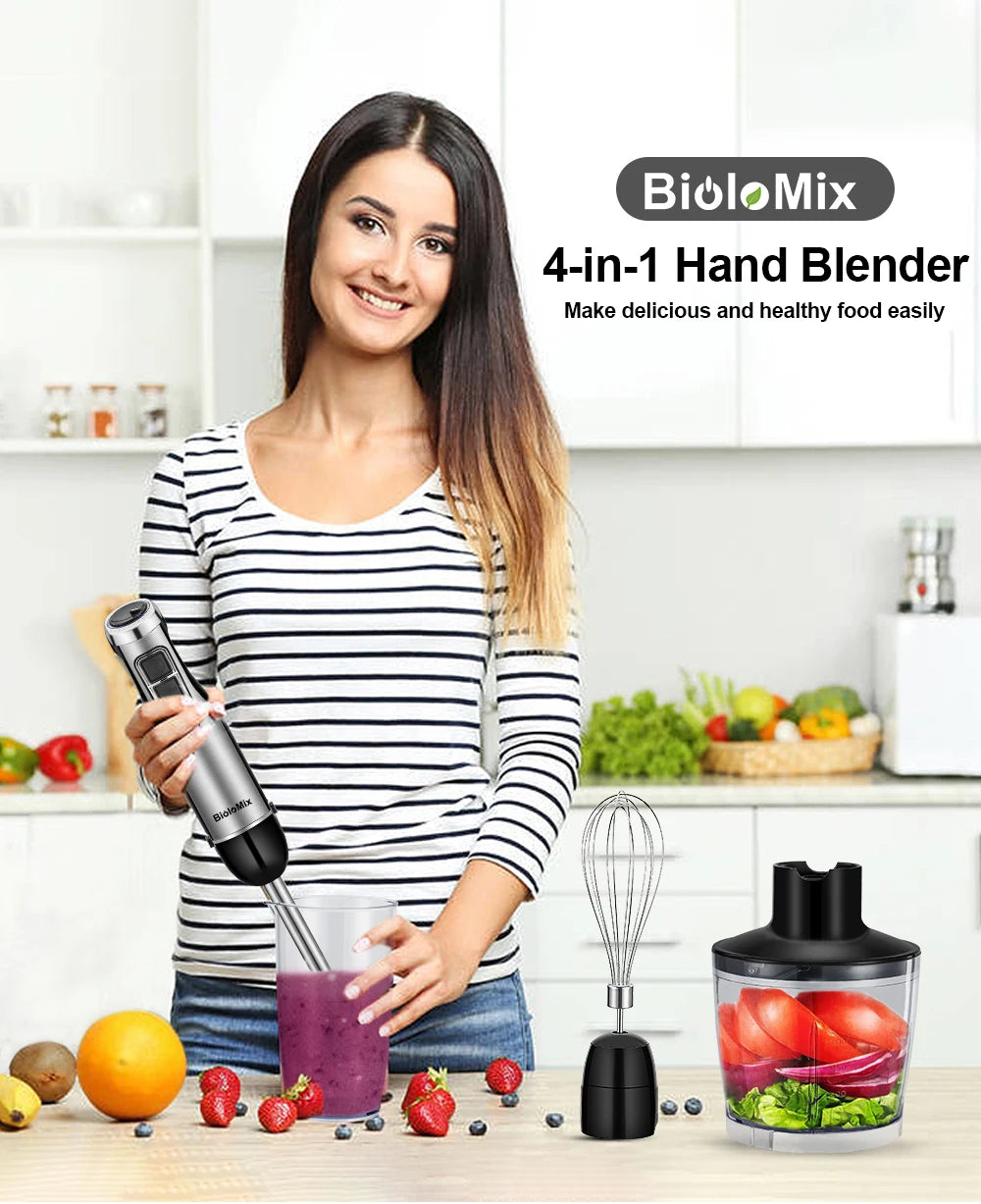4-in-1 1200W Immersion Hand Blender – Stainless Steel with Chopper & Smoothie Cup
