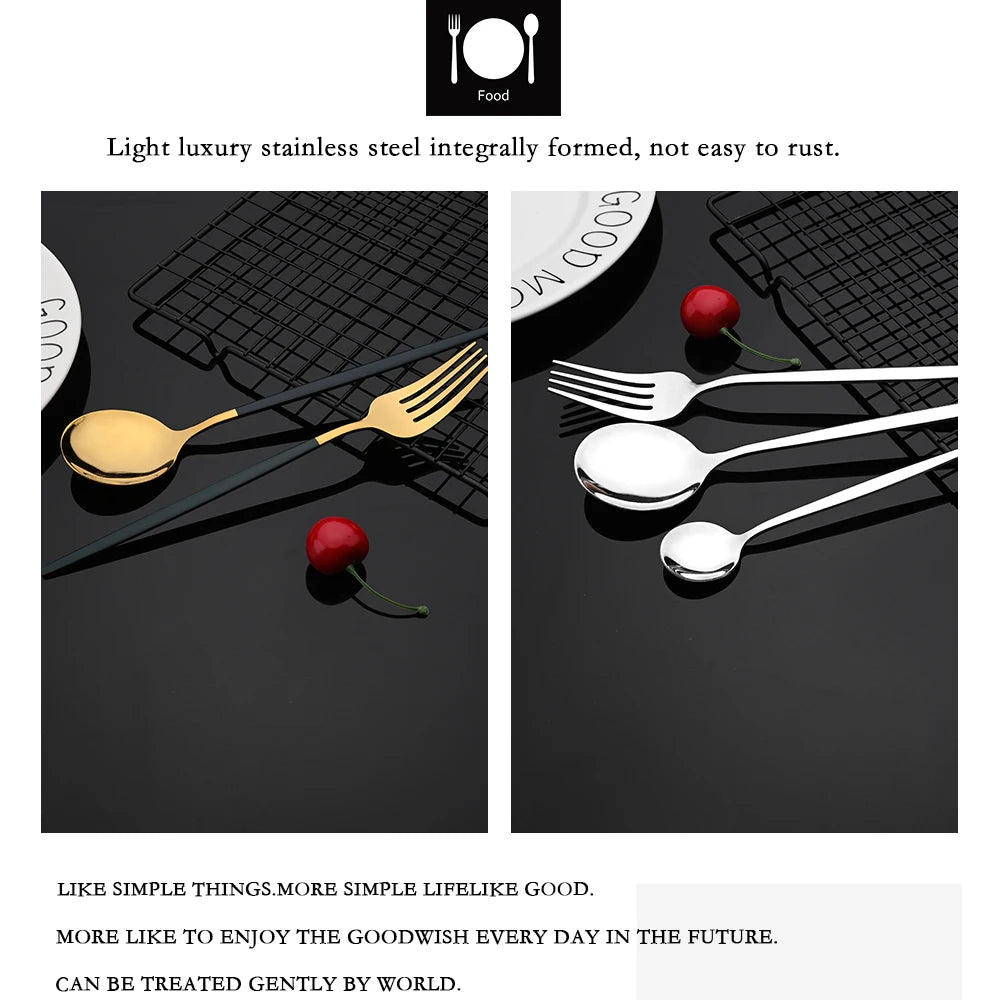 30-Piece Black & Gold Stainless Steel Dinnerware Set – Knife, Fork & Spoon