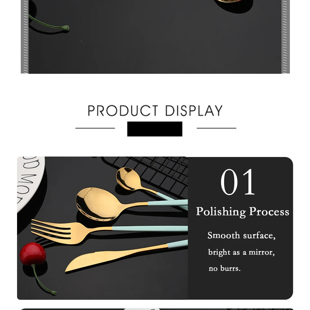 30-Piece Black & Gold Stainless Steel Dinnerware Set – Knife, Fork & Spoon