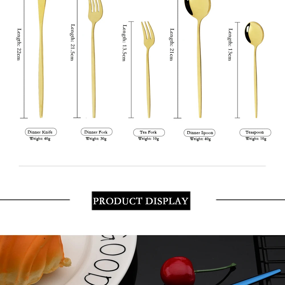 30-Piece Black & Gold Stainless Steel Dinnerware Set – Knife, Fork & Spoon