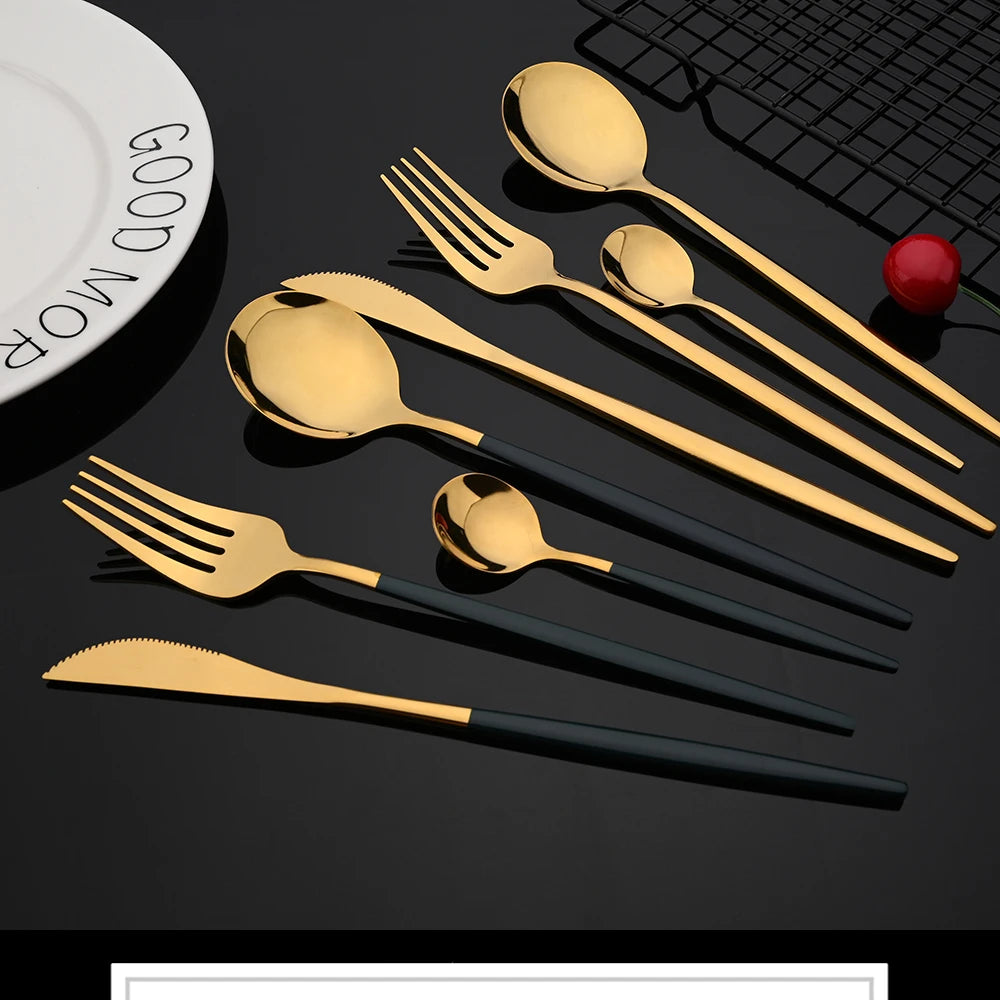 30-Piece Black & Gold Stainless Steel Dinnerware Set – Knife, Fork & Spoon