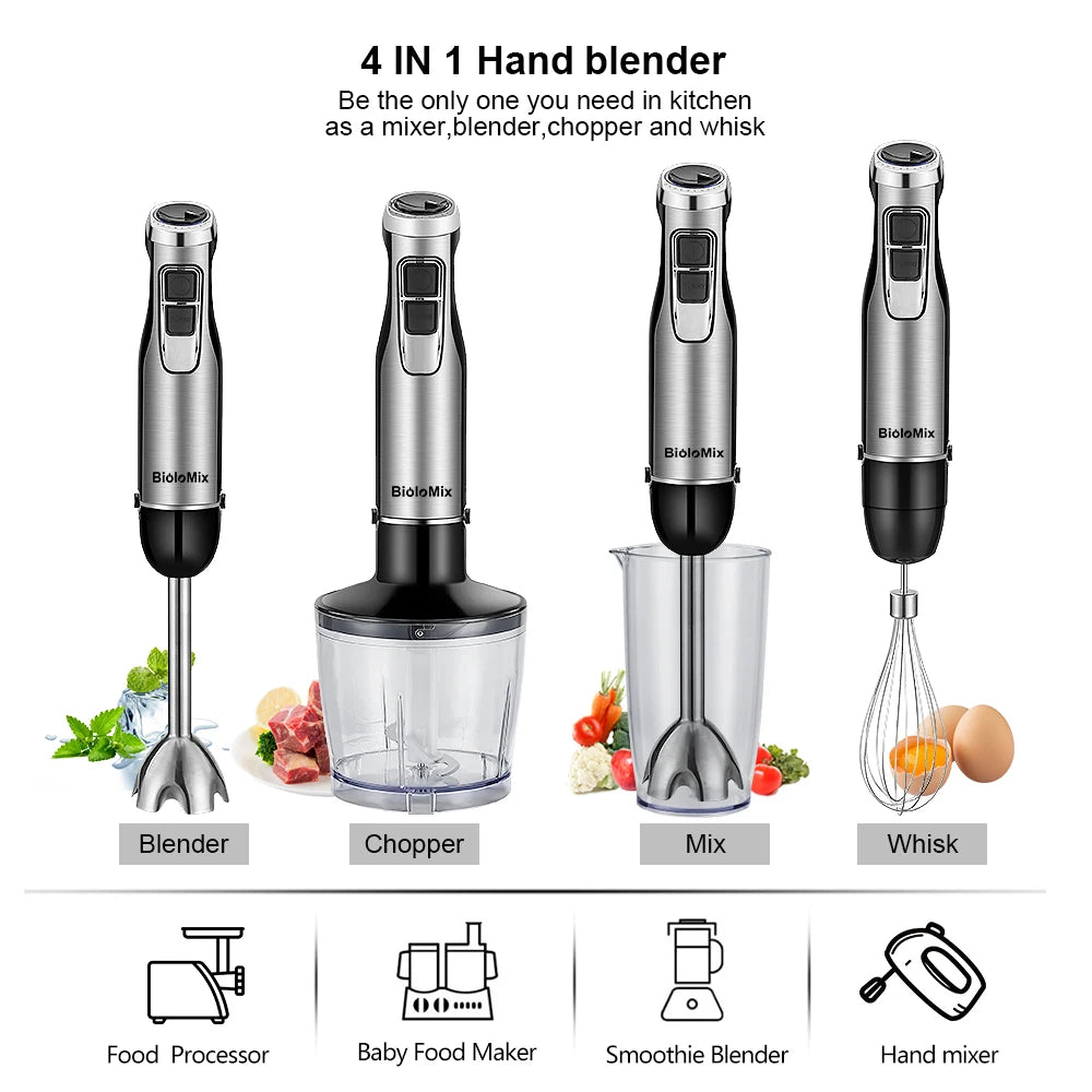 4-in-1 1200W Immersion Hand Blender – Stainless Steel with Chopper & Smoothie Cup