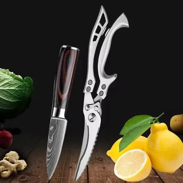 Laser Damascus Kitchen Knife Set – Cleaver, Boning & Scissors