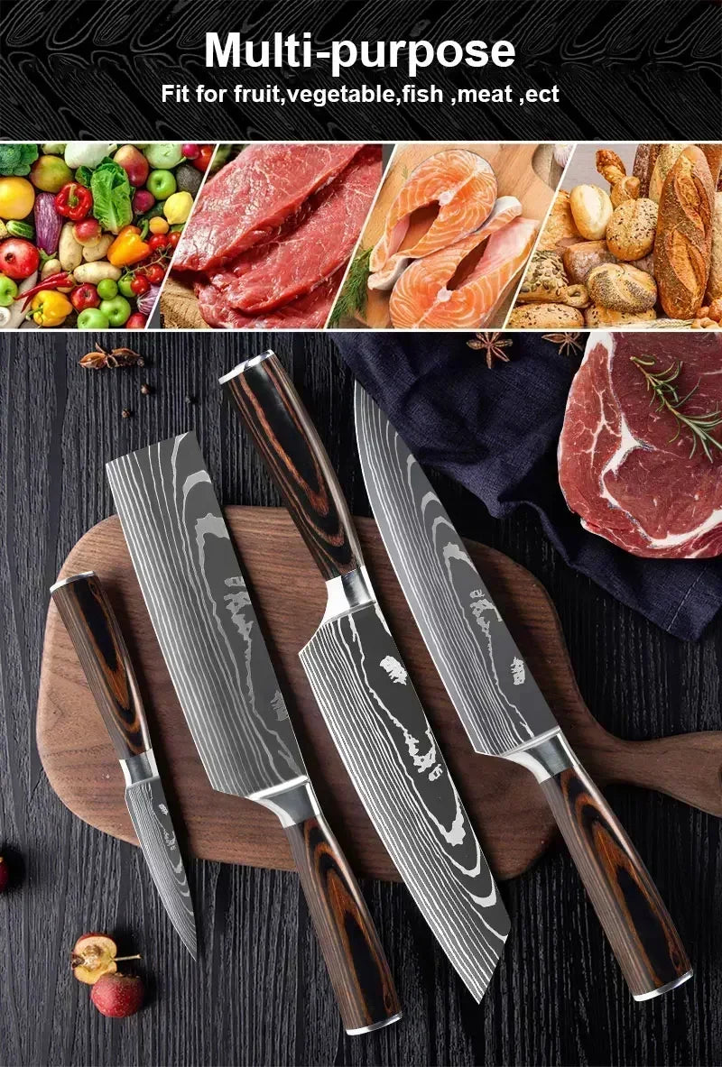 Laser Damascus Kitchen Knife Set – Cleaver, Boning & Scissors