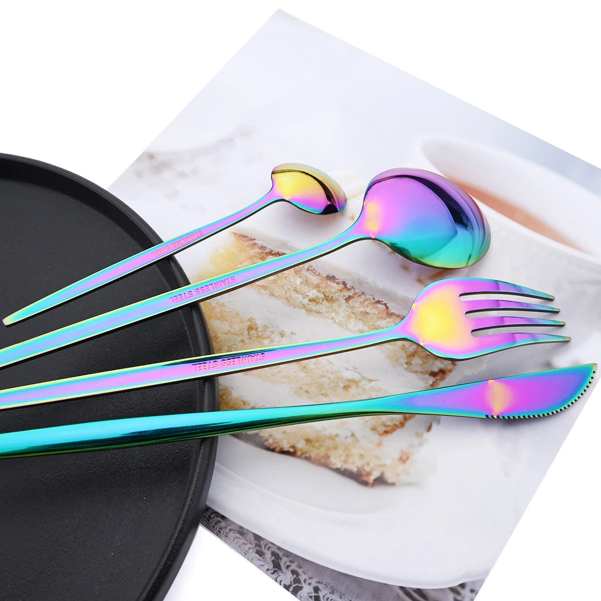 40-Piece Black & Gold Stainless Steel Dinnerware Set – Fork, Knife, Spoon & Chopsticks