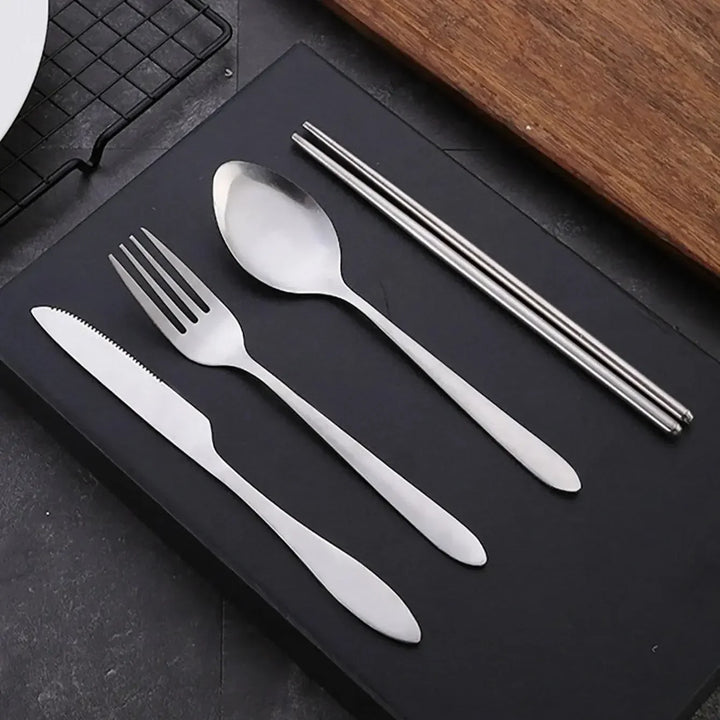 4-Piece Stainless Steel Travel Cutlery Set – Chopsticks, Spoon, Fork & Knife