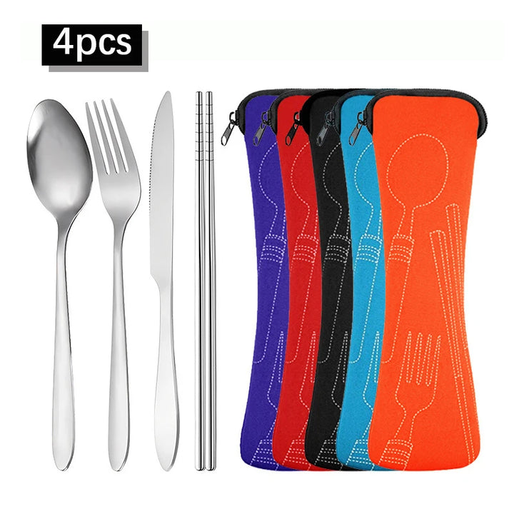 4-Piece Stainless Steel Portable Cutlery Set – Knife, Fork, Spoon & Chopsticks