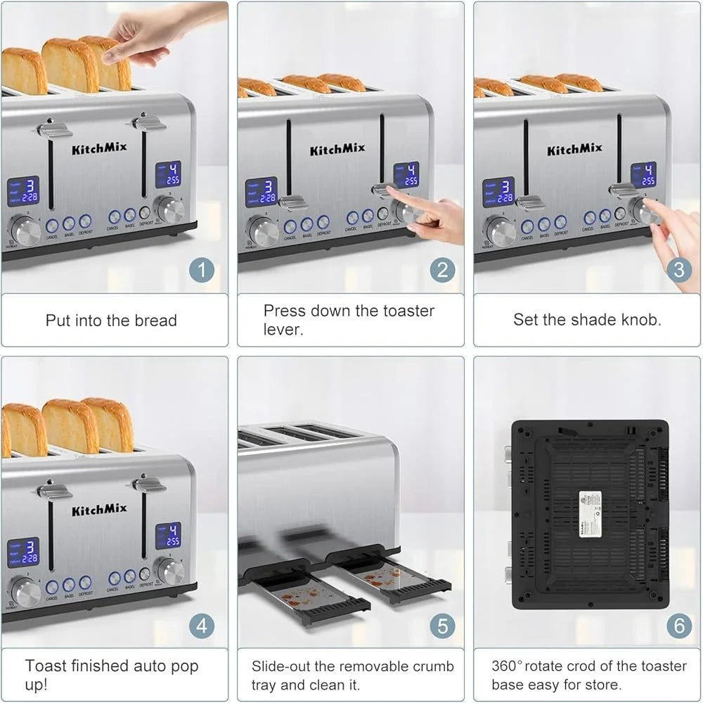 4-Slice Stainless Steel Toaster – LCD Timer with Bagel Function