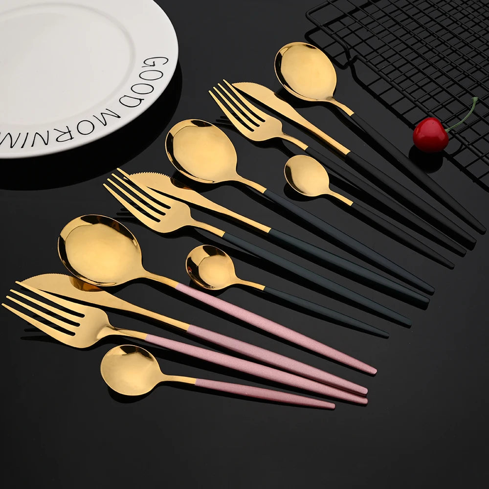 30-Piece Black & Gold Stainless Steel Dinnerware Set – Knife, Fork & Spoon
