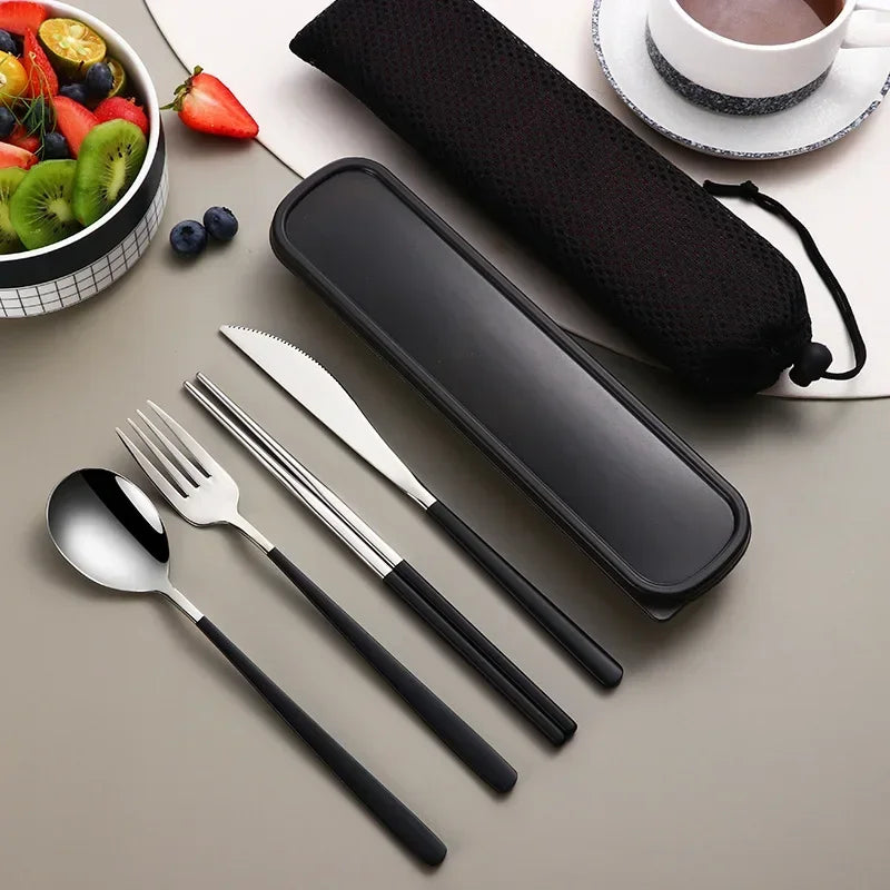 304 Stainless Steel 4-Piece Cutlery Set – Portable Knife, Fork, Spoon & Chopsticks