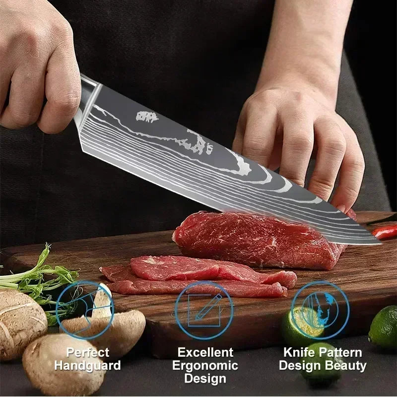 Laser Damascus Kitchen Knife Set – Cleaver, Boning & Scissors