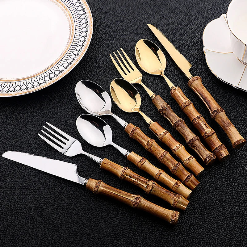 24-Piece Bamboo & Stainless Steel Cutlery Set – Natural Handle Flatware