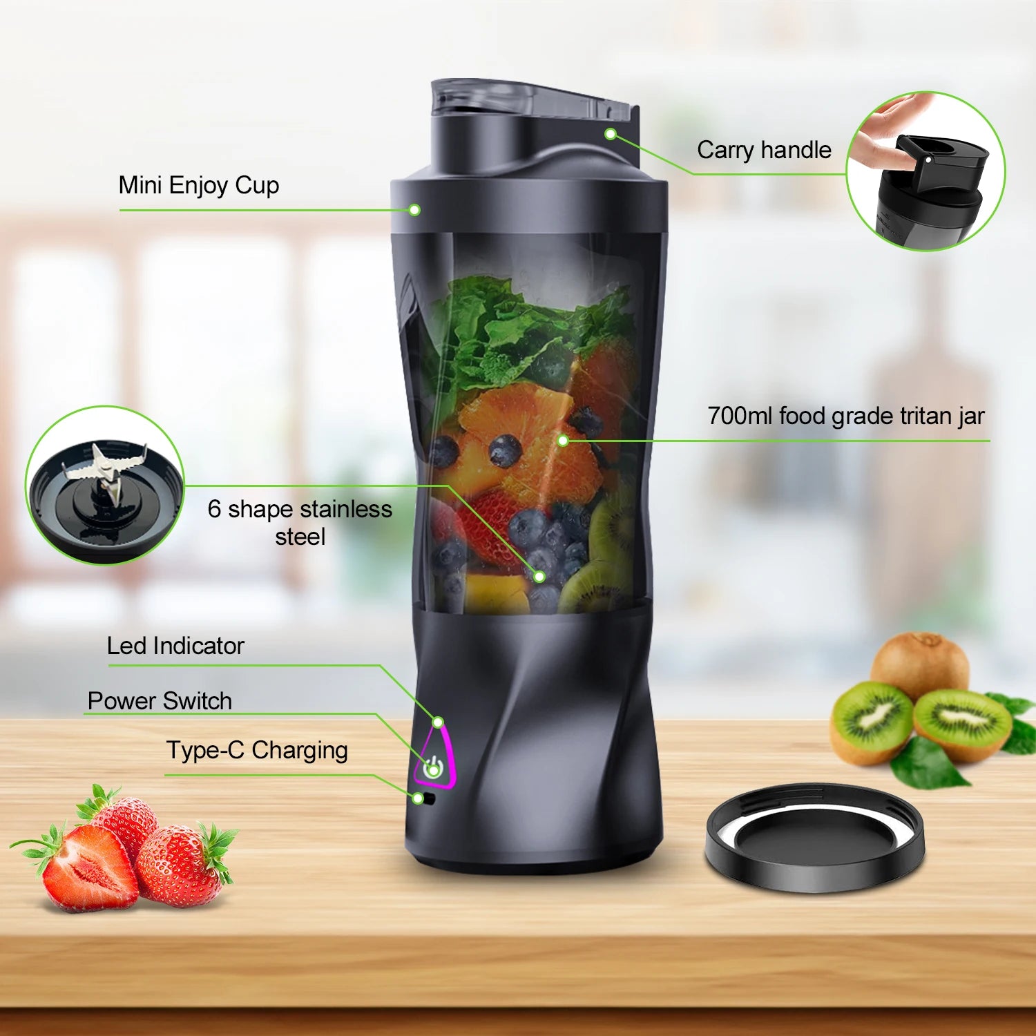 700ml Electric Portable Juicer – USB Rechargeable Smoothie Blender