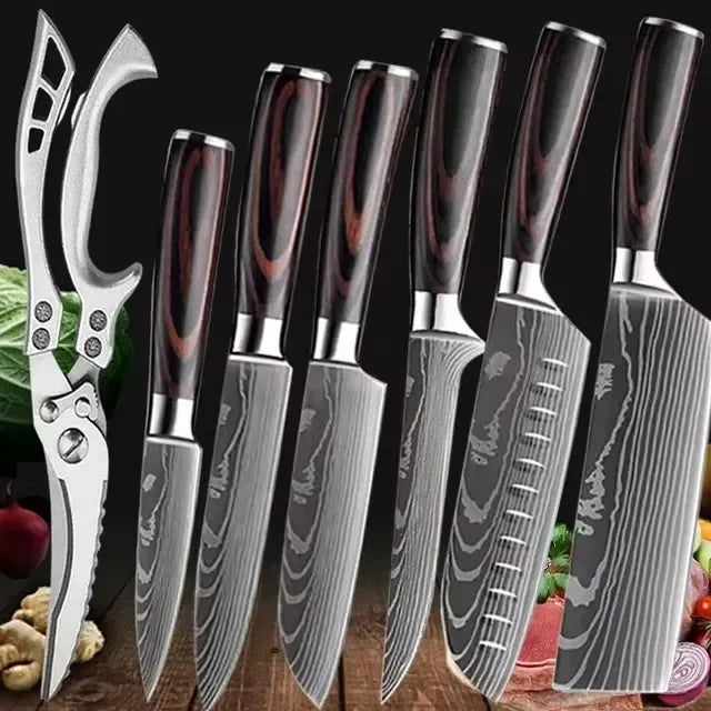 Laser Damascus Kitchen Knife Set – Cleaver, Boning & Scissors