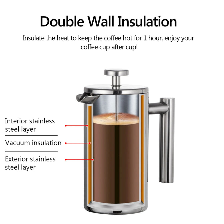 French Press Coffee Maker – Stainless Steel Double-Walled, 350/800/1000ml