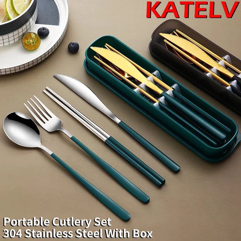 304 Stainless Steel Portable Tableware Set – Knife, Fork & Spoon with Box