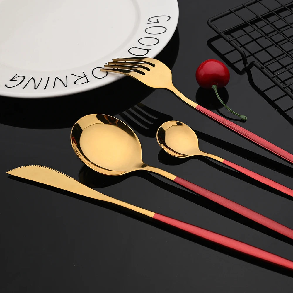 30-Piece Black & Gold Stainless Steel Dinnerware Set – Knife, Fork & Spoon