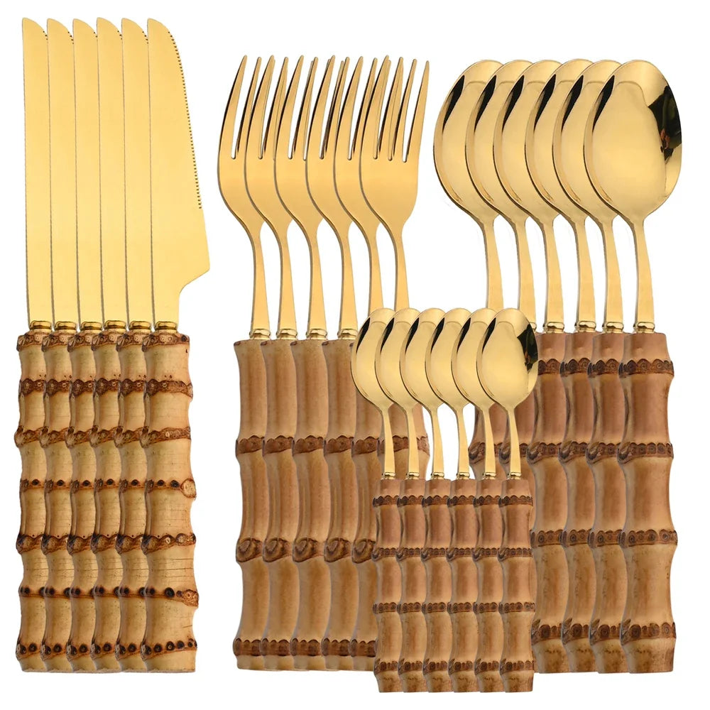 24-Piece Bamboo & Stainless Steel Cutlery Set – Natural Handle Flatware