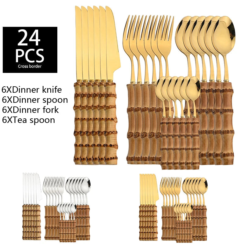 24-Piece Bamboo & Stainless Steel Cutlery Set – Natural Handle Flatware