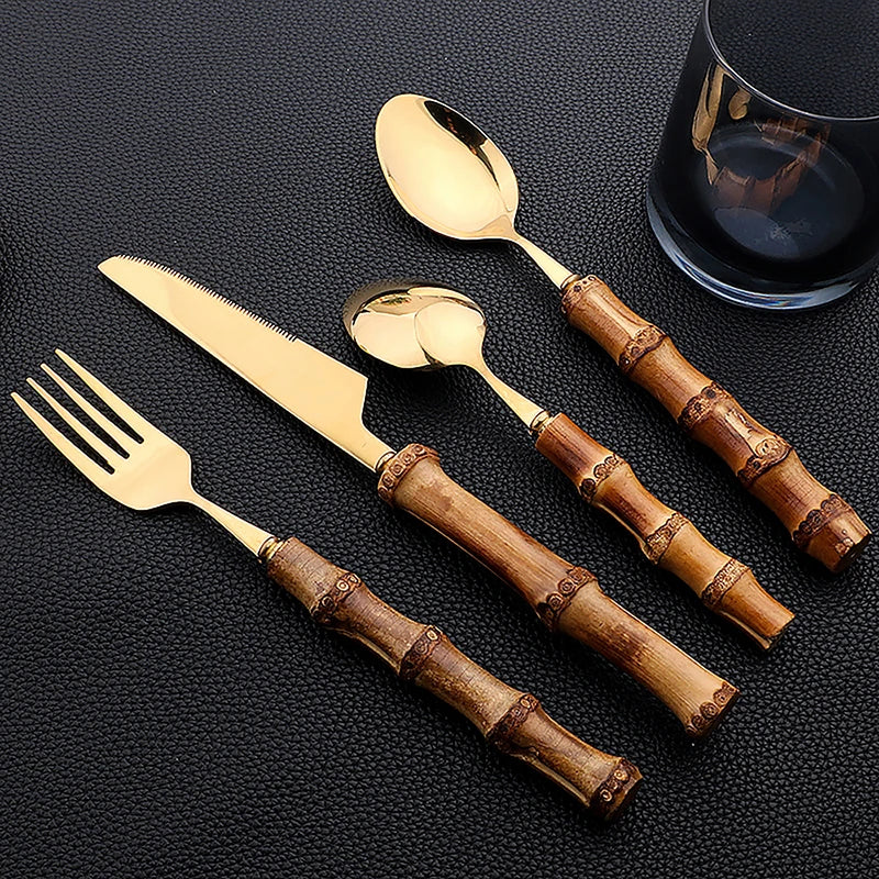 24-Piece Bamboo & Stainless Steel Cutlery Set – Natural Handle Flatware