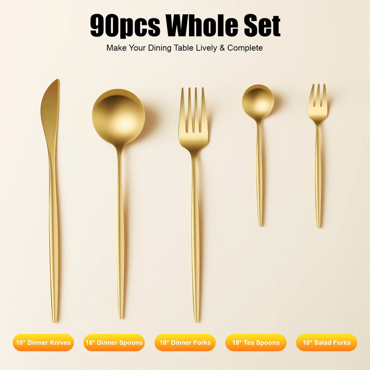 90-Piece Golden Cutlery Set – Service for 18, Stainless Steel Flatware