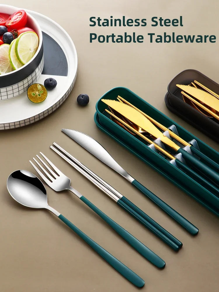 304 Stainless Steel 4-Piece Cutlery Set – Portable Knife, Fork, Spoon & Chopsticks