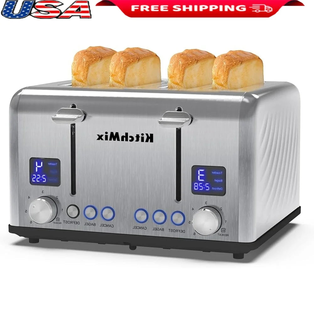 4-Slice Stainless Steel Toaster – LCD Timer with Bagel Function