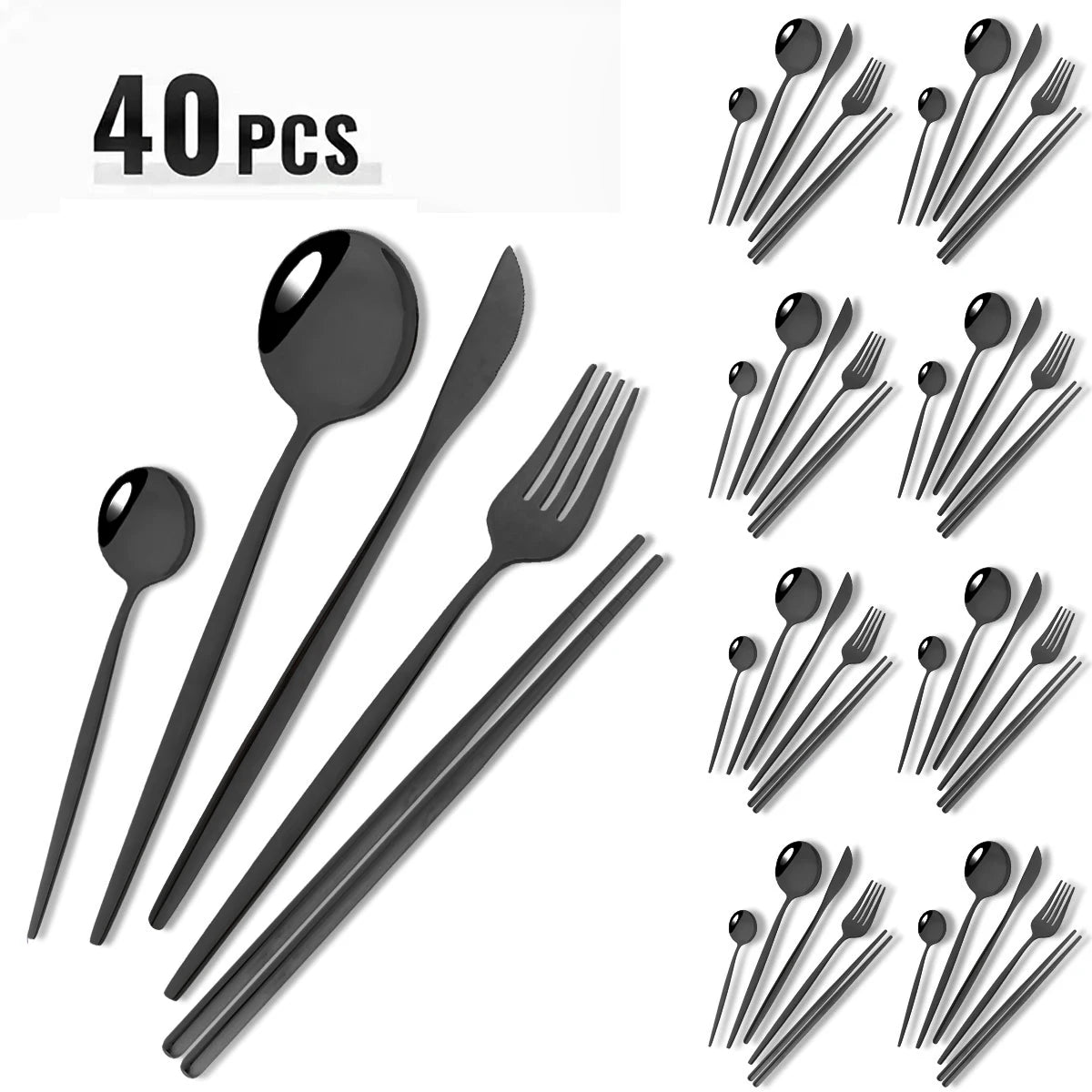 40-Piece Black & Gold Stainless Steel Dinnerware Set – Fork, Knife, Spoon & Chopsticks