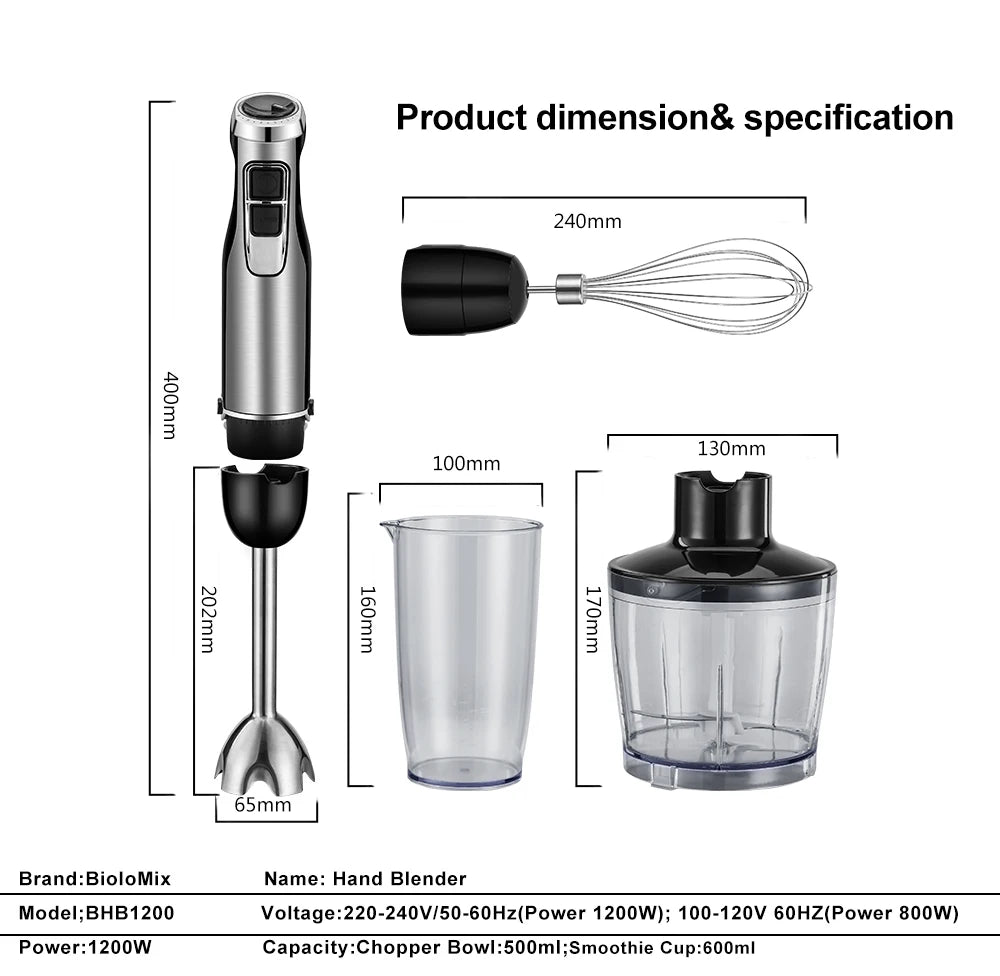 4-in-1 1200W Immersion Hand Blender – Stainless Steel with Chopper & Smoothie Cup
