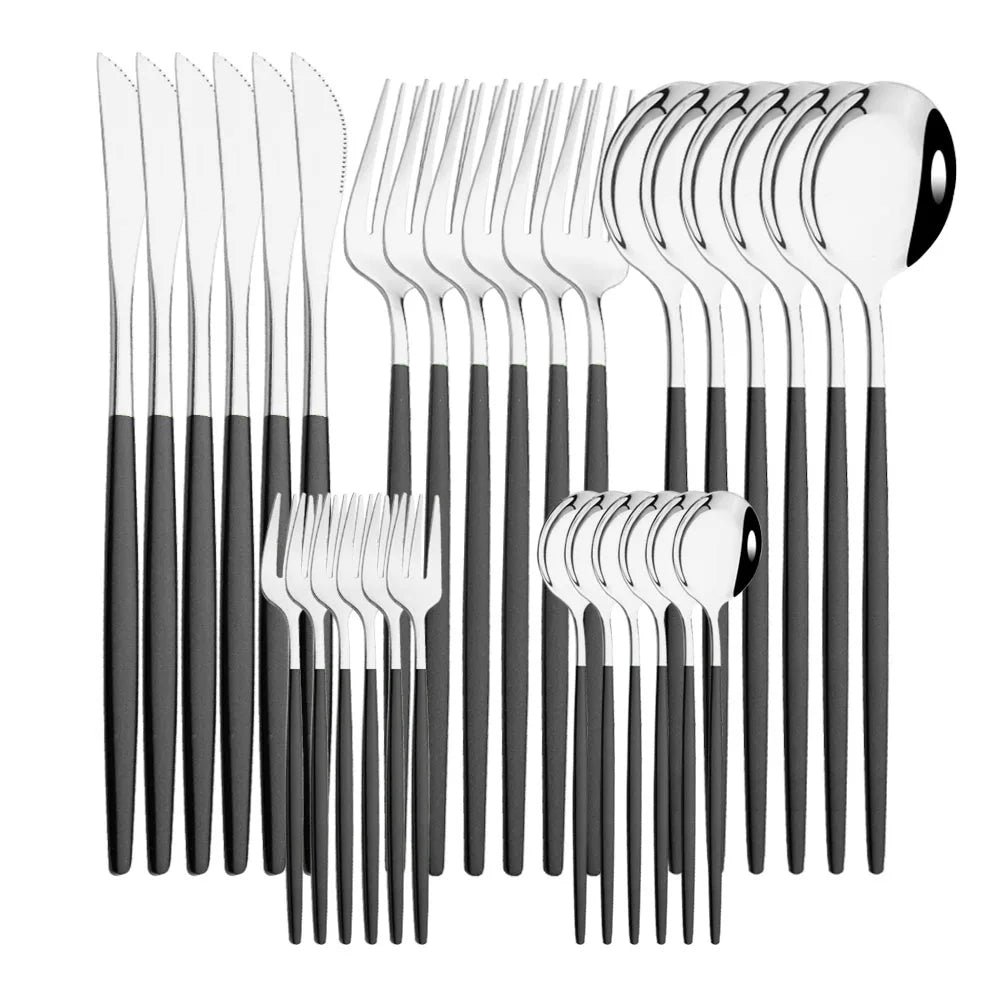 30-Piece Black & Gold Stainless Steel Dinnerware Set – Knife, Fork & Spoon