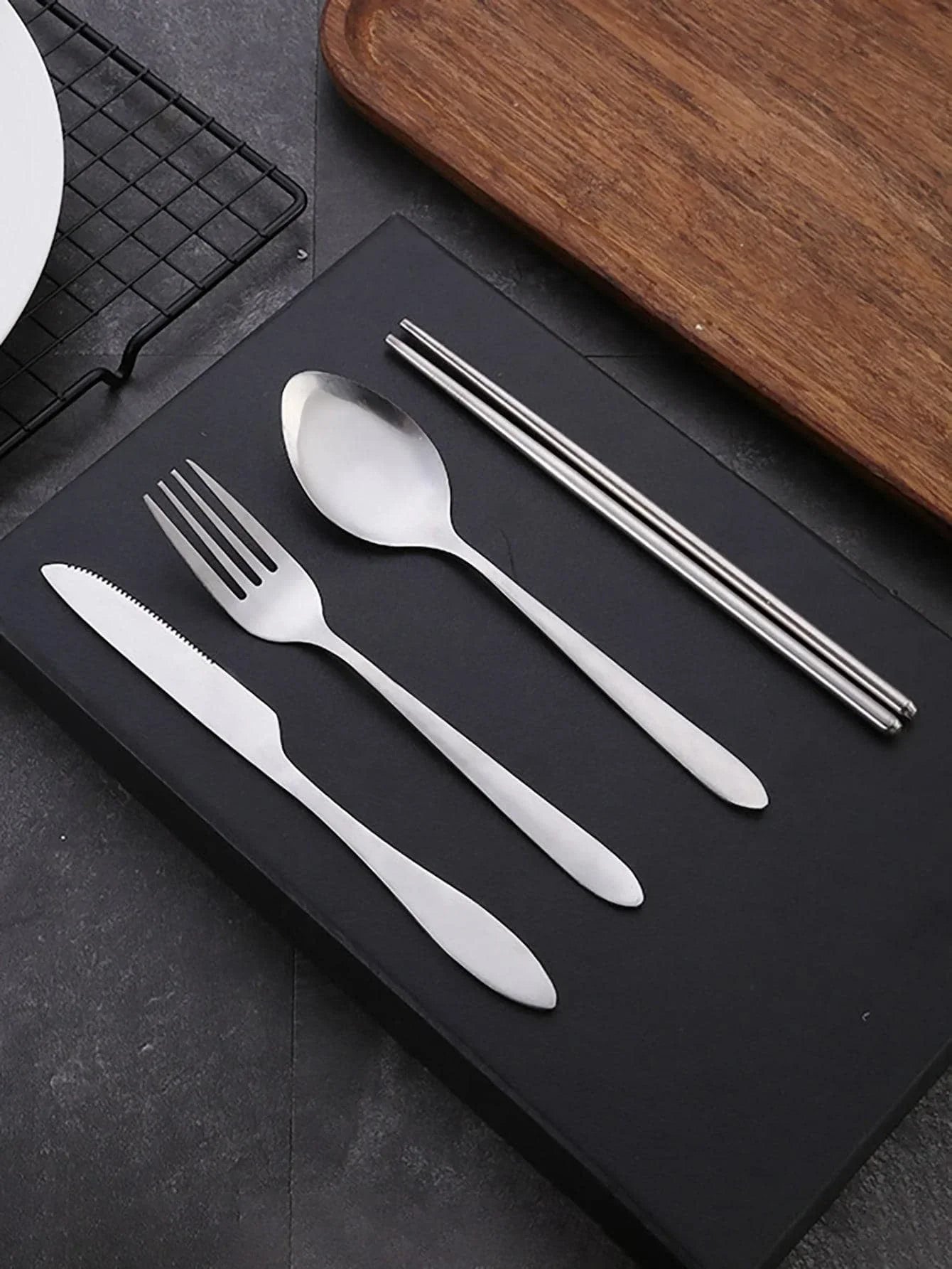 4-Piece Stainless Steel Travel Cutlery Set – Chopsticks, Spoon, Fork & Knife