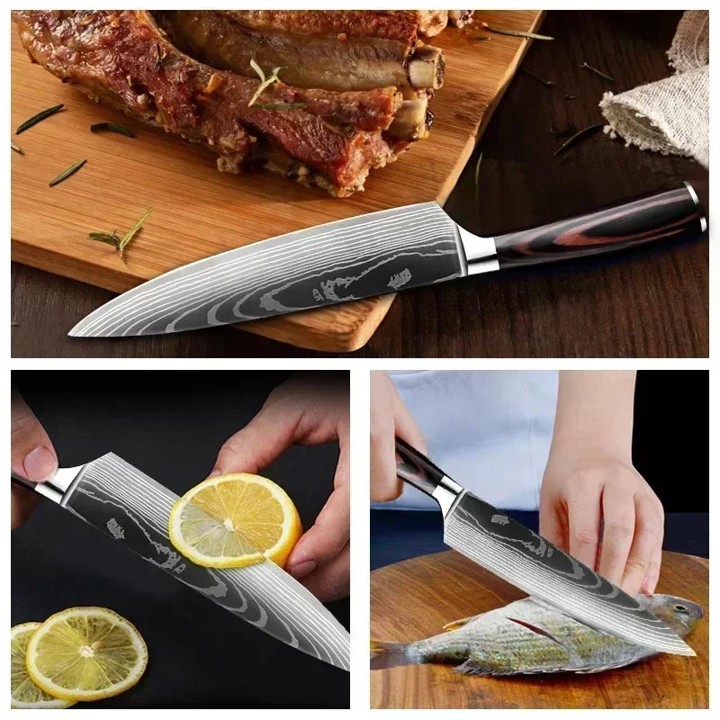 Laser Damascus Kitchen Knife Set – Cleaver, Boning & Scissors