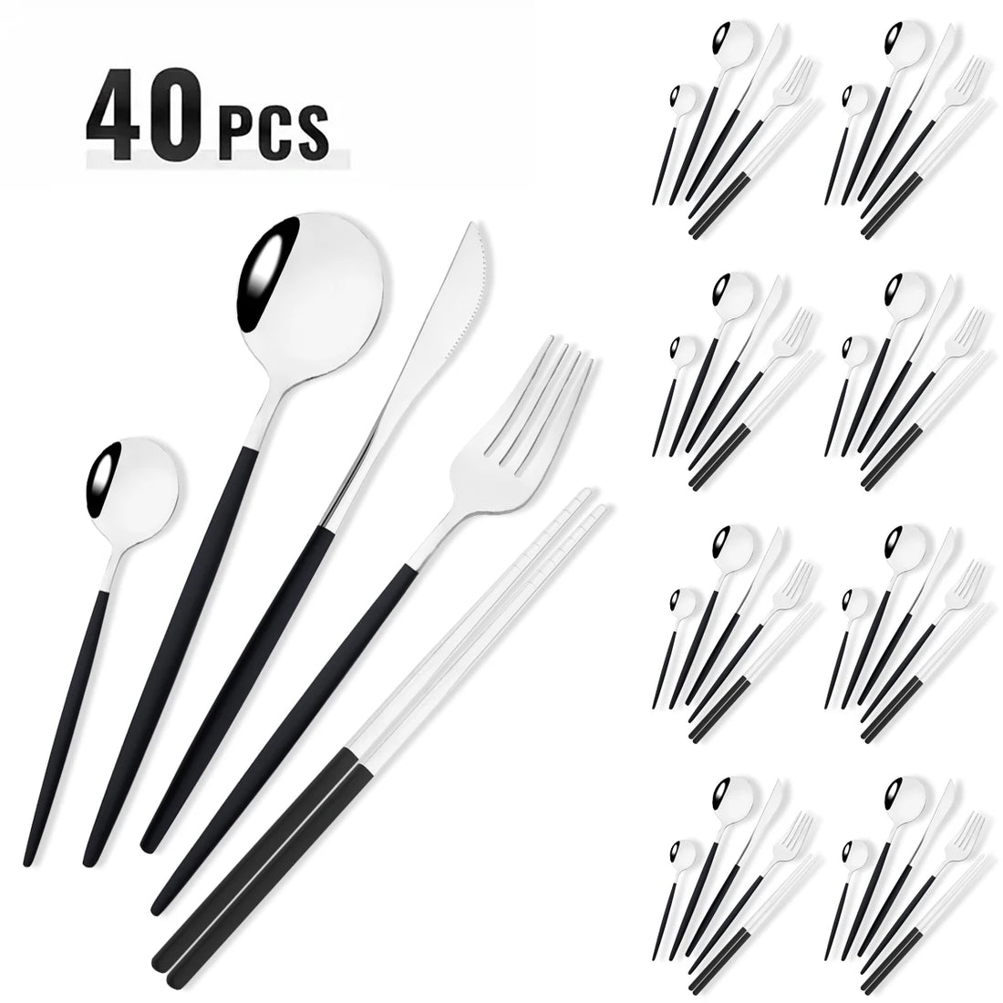 40-Piece Black & Gold Stainless Steel Dinnerware Set – Fork, Knife, Spoon & Chopsticks