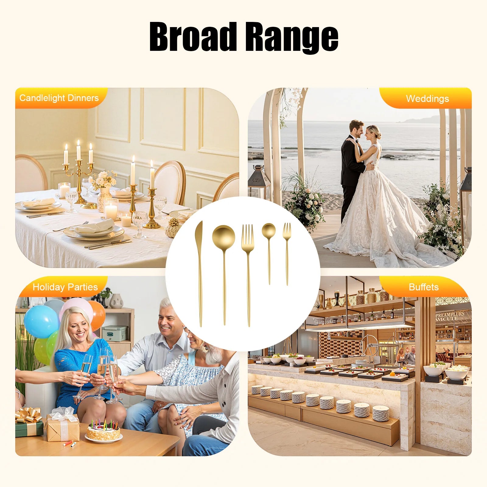 90-Piece Golden Cutlery Set – Service for 18, Stainless Steel Flatware