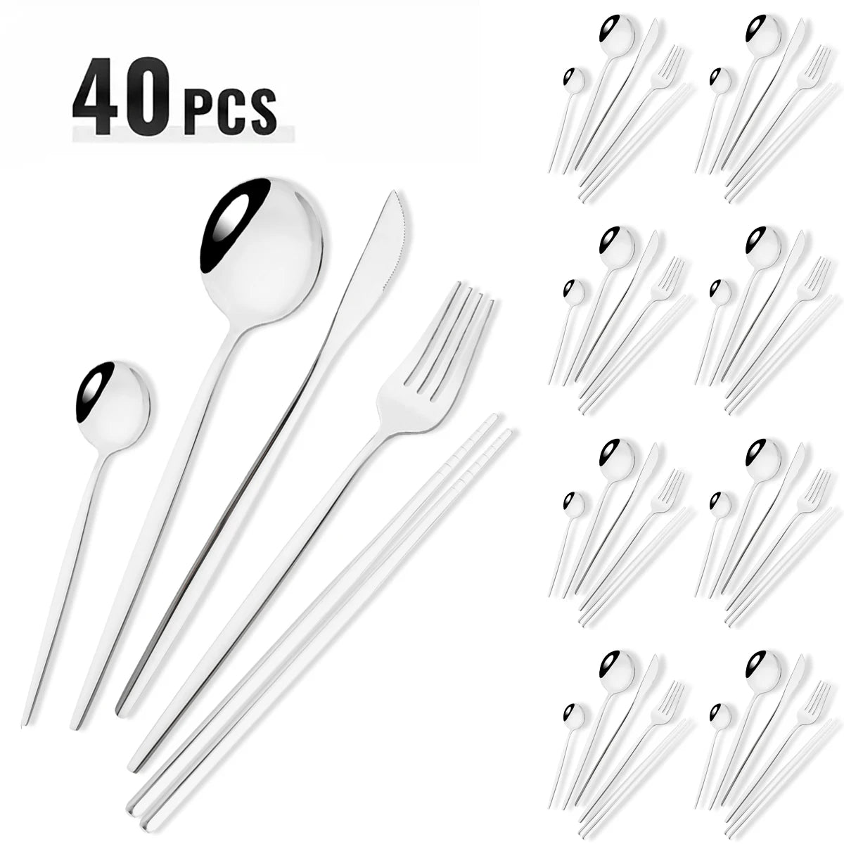 40-Piece Black & Gold Stainless Steel Dinnerware Set – Fork, Knife, Spoon & Chopsticks