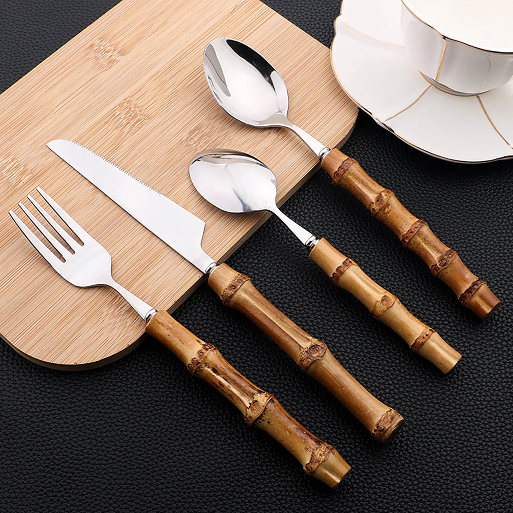 24-Piece Bamboo & Stainless Steel Cutlery Set – Natural Handle Flatware