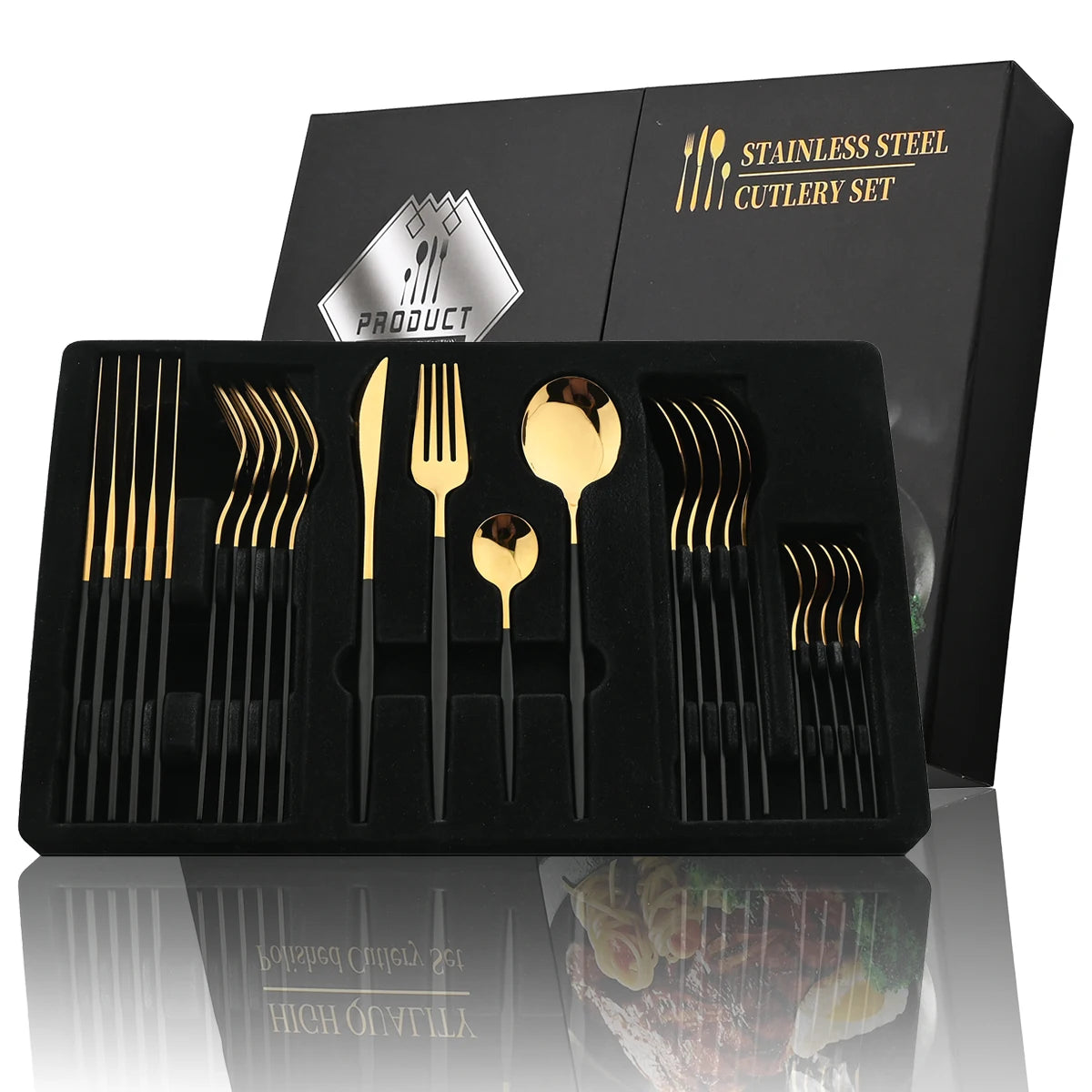 24-Piece Black & Gold Cutlery Set – Stainless Steel Flatware
