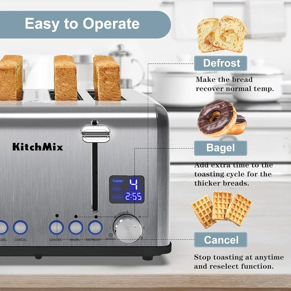 4-Slice Stainless Steel Toaster – LCD Timer with Bagel Function
