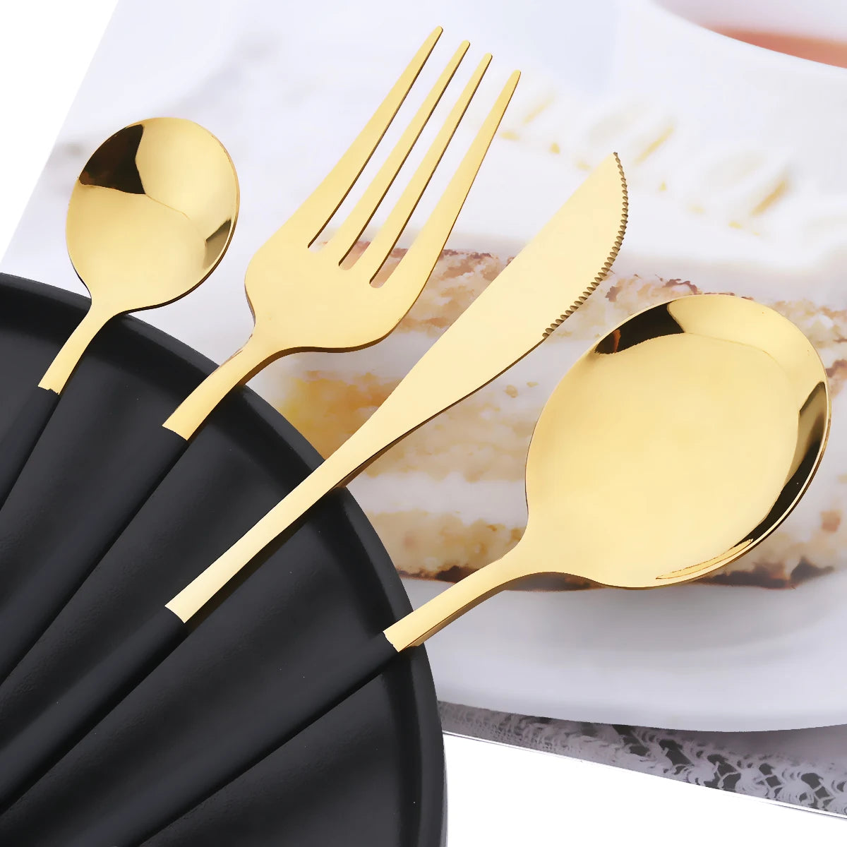 40-Piece Black & Gold Stainless Steel Dinnerware Set – Fork, Knife, Spoon & Chopsticks