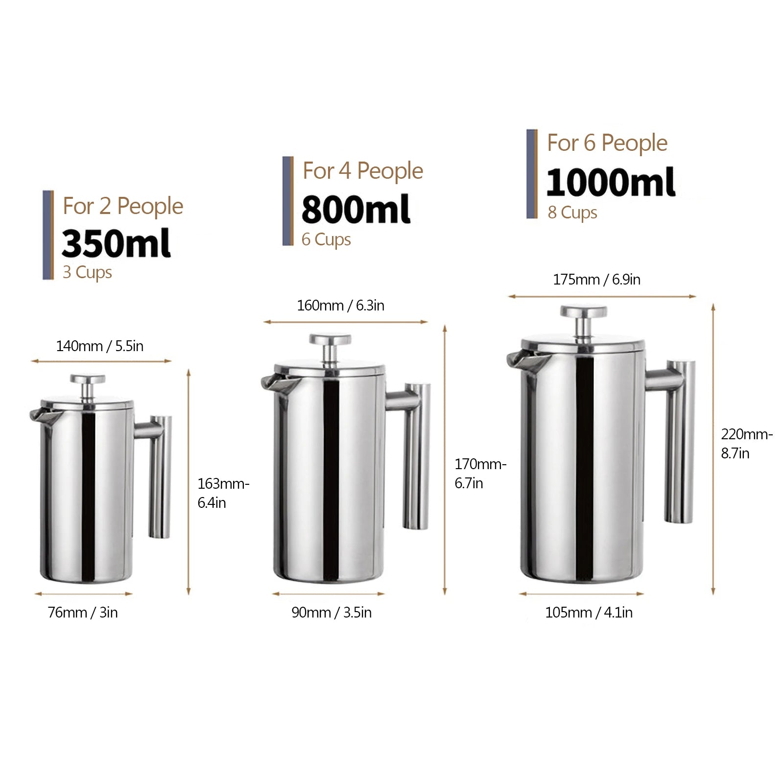 French Press Coffee Maker – Stainless Steel Double-Walled, 350/800/1000ml