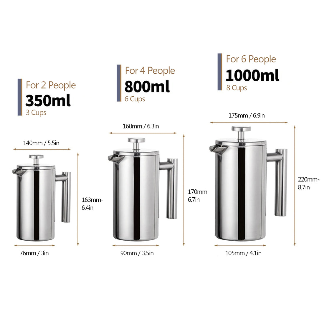 French Press Coffee Maker – Stainless Steel Double-Walled, 350/800/1000ml