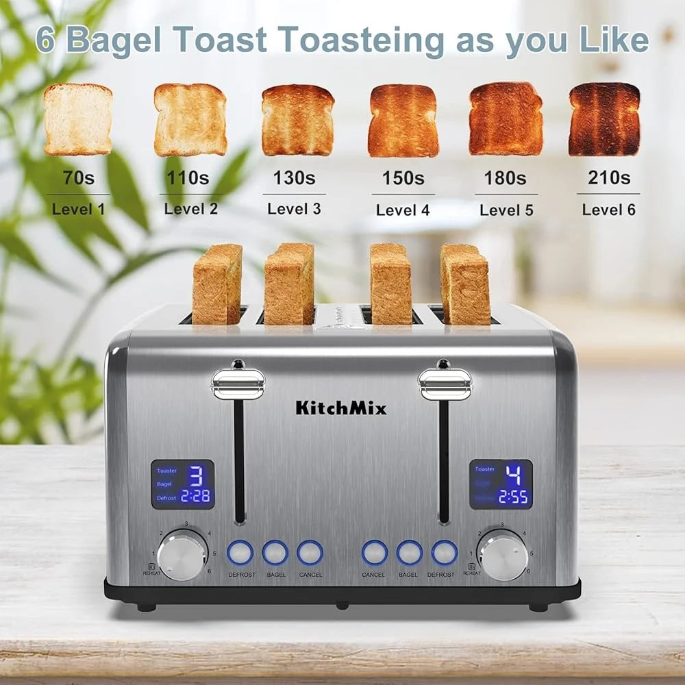4-Slice Stainless Steel Toaster – LCD Timer with Bagel Function