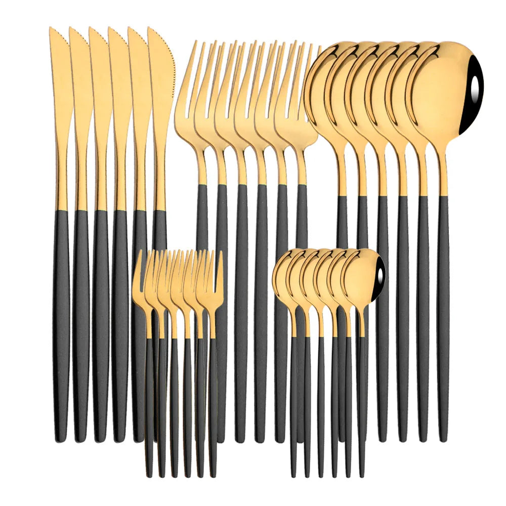 30-Piece Black & Gold Stainless Steel Dinnerware Set – Knife, Fork & Spoon