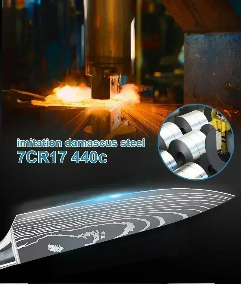 Laser Damascus Kitchen Knife Set – Cleaver, Boning & Scissors