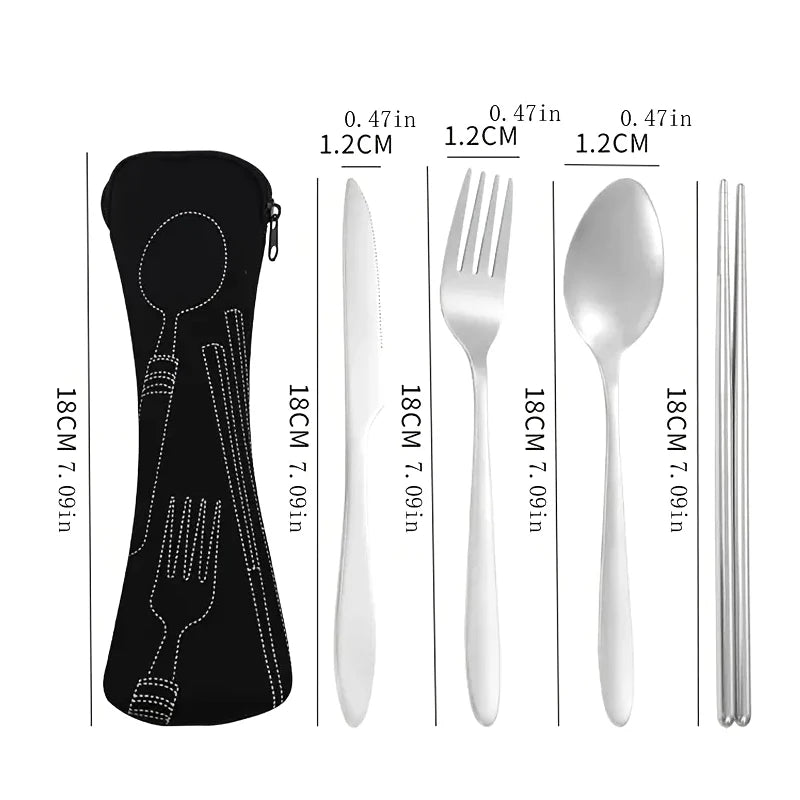 4-Piece Stainless Steel Portable Cutlery Set – Knife, Fork, Spoon & Chopsticks