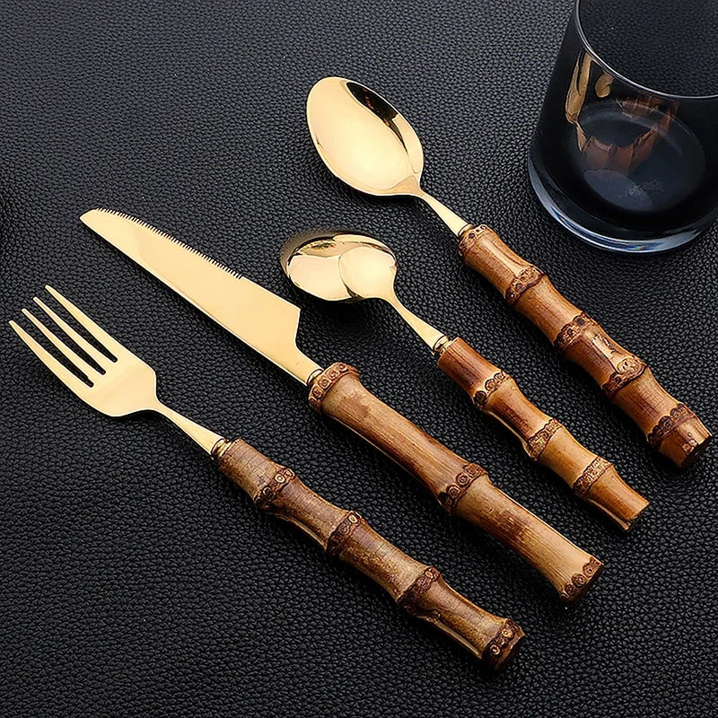 24-Piece Bamboo & Stainless Steel Cutlery Set – Natural Handle Flatware