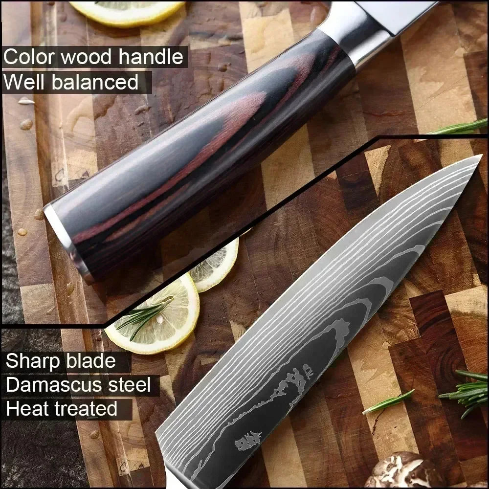 Laser Damascus Kitchen Knife Set – Cleaver, Boning & Scissors