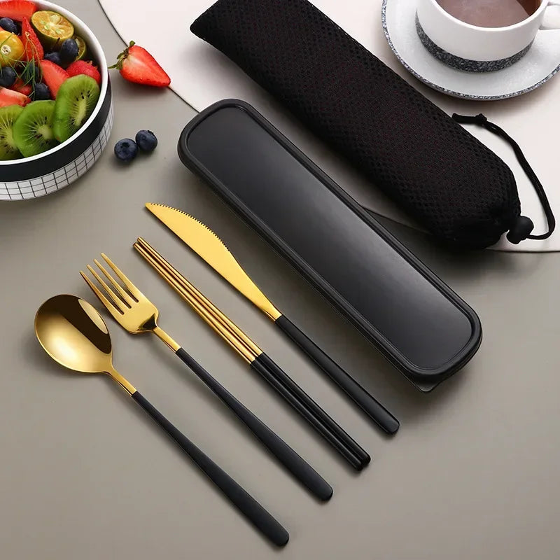 304 Stainless Steel 4-Piece Cutlery Set – Portable Knife, Fork, Spoon & Chopsticks
