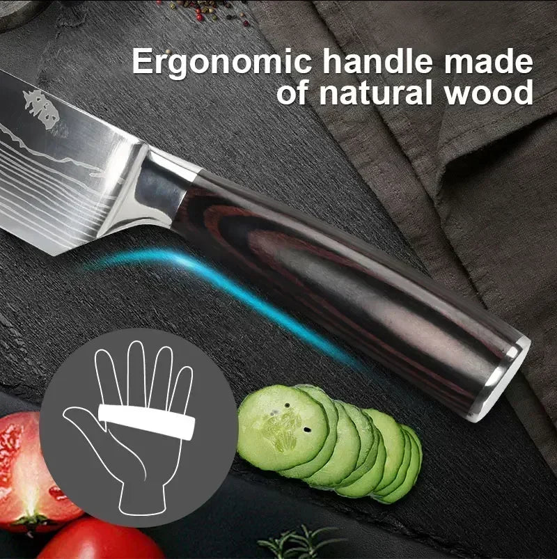 Laser Damascus Kitchen Knife Set – Cleaver, Boning & Scissors